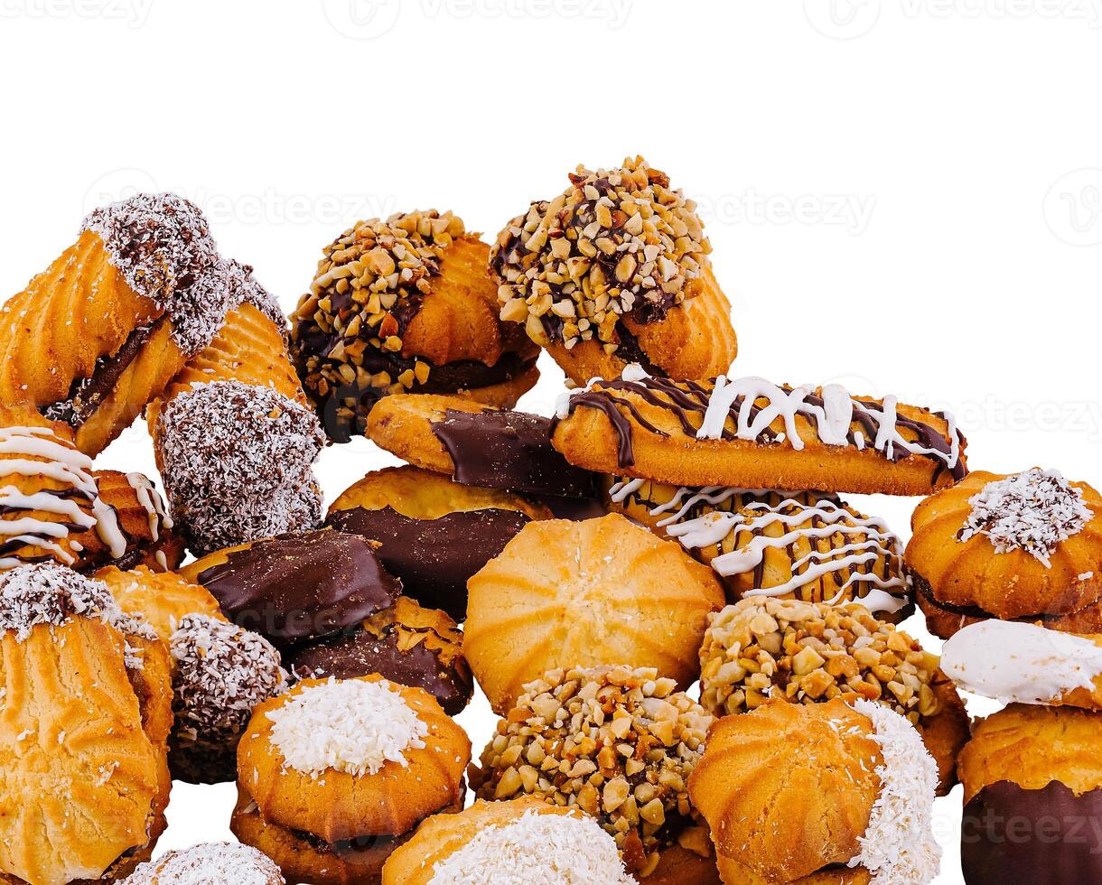 Delicious cookies with chocolate and nuts covering isolated on white background photo