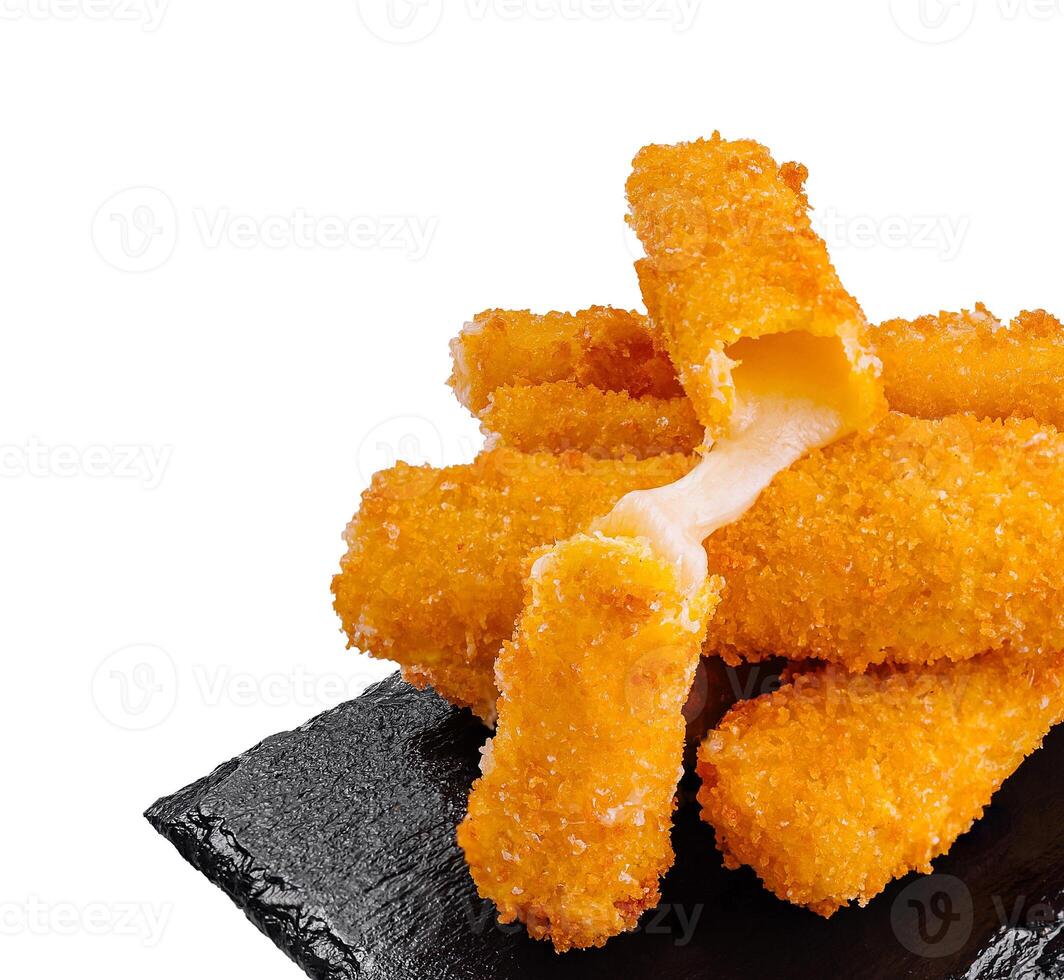 Delicious breaded mozzarella cheese sticks with melted cheese inside photo
