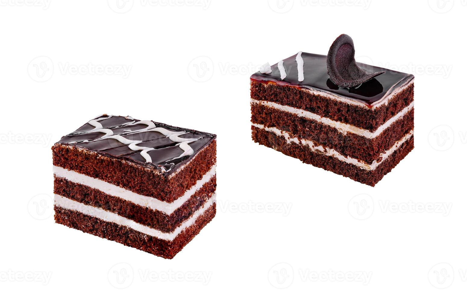 Delicious chocolate cake slices isolated on white background photo