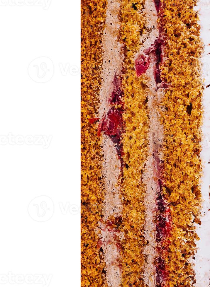 Delicious layered cake with chocolate and cherry filling showing texture photo