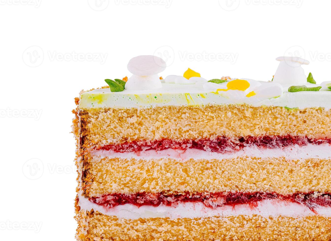 Delicious sponge cake with cream filling decorated with green icing and flowers photo