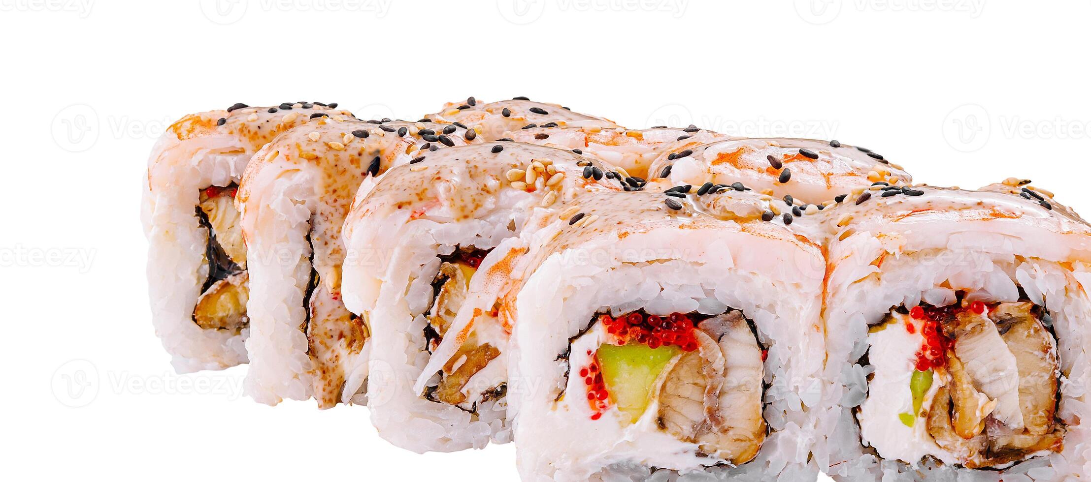 Sushi rolls containing eel, shrimp, sesame seeds, and cream cheese standing in a row photo