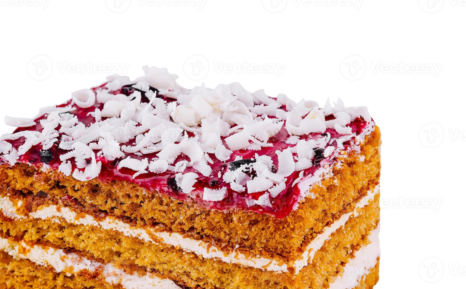 Delicious cake with white chocolate topping isolated on white background photo