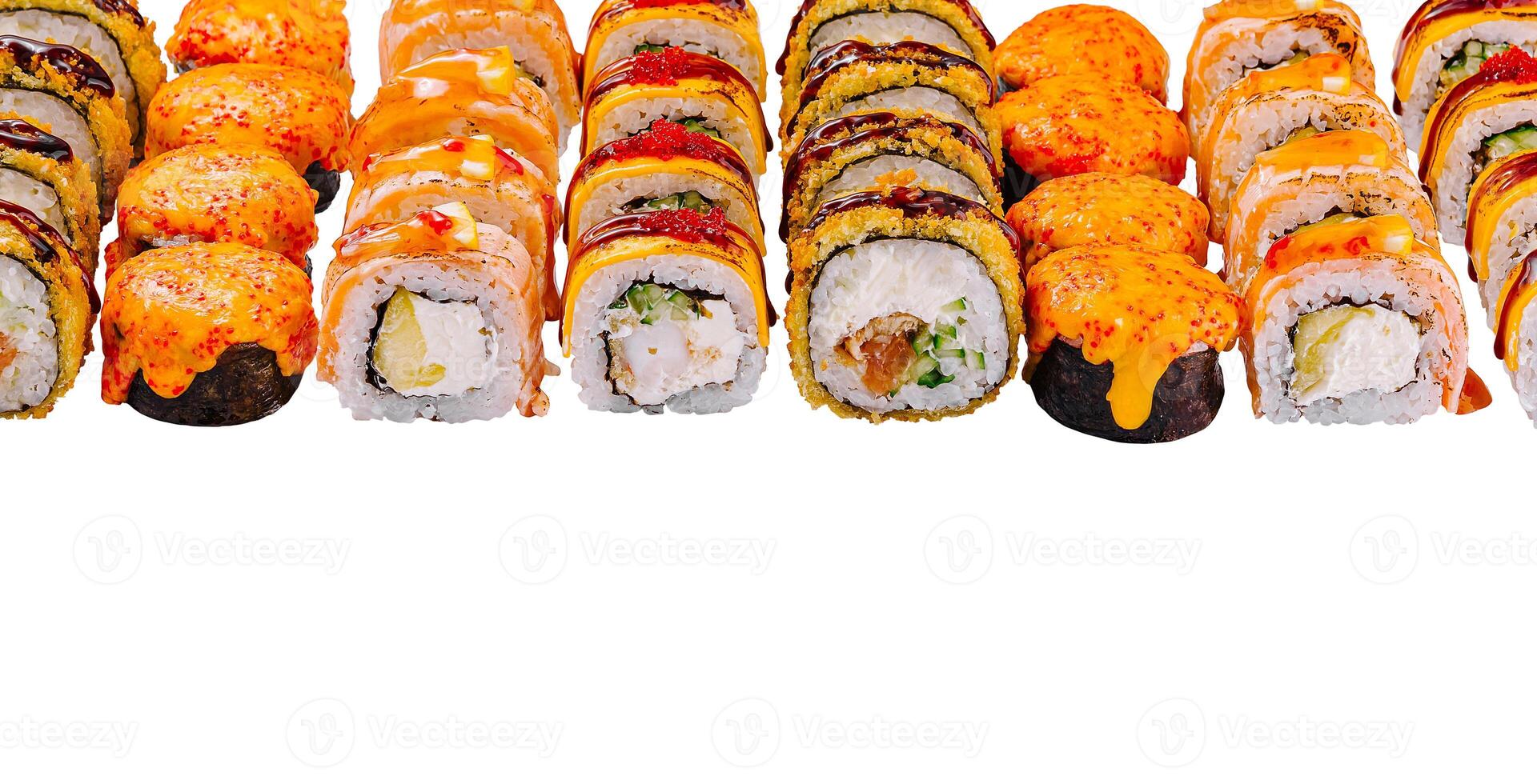 Delicious sushi rolls with different fillings are lying on a white background photo