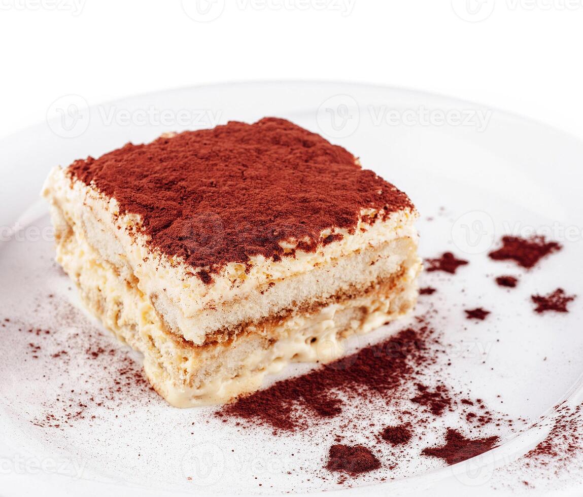 Delicious tiramisu cake with cocoa powder on white plate photo