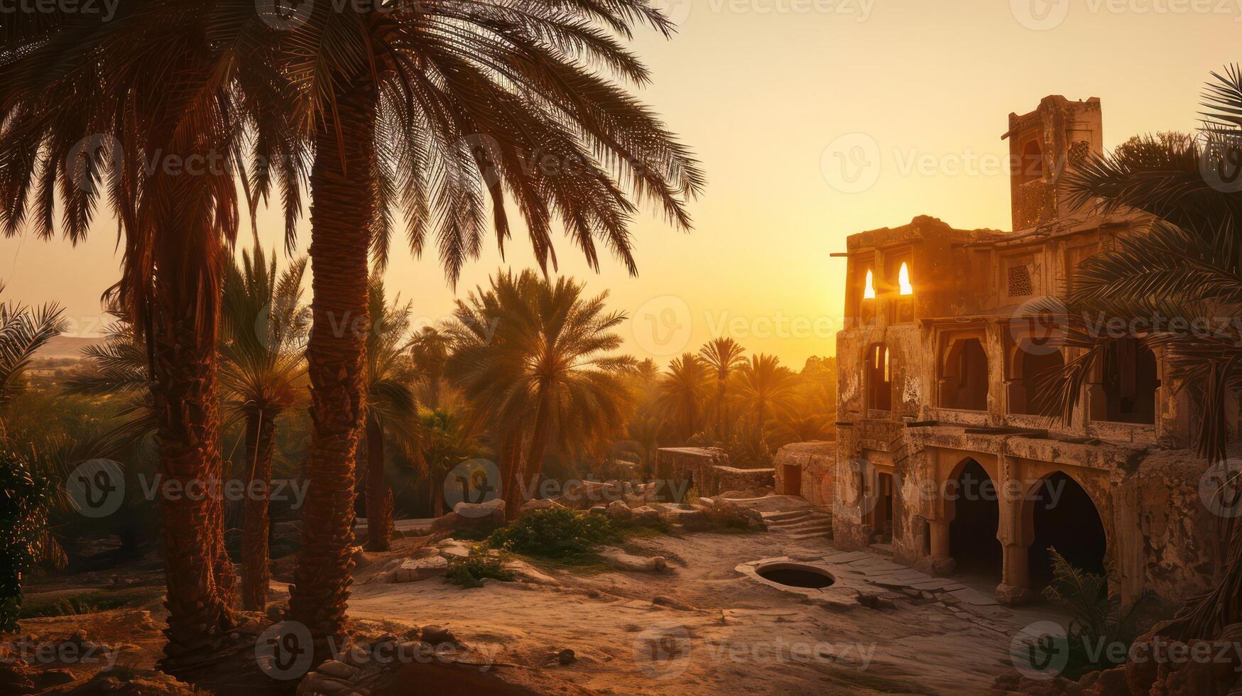 Ancient ruins in the desert at sunset photo