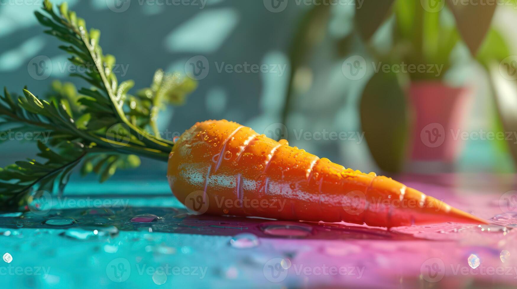 A carrot is sitting on a table with water drops photo