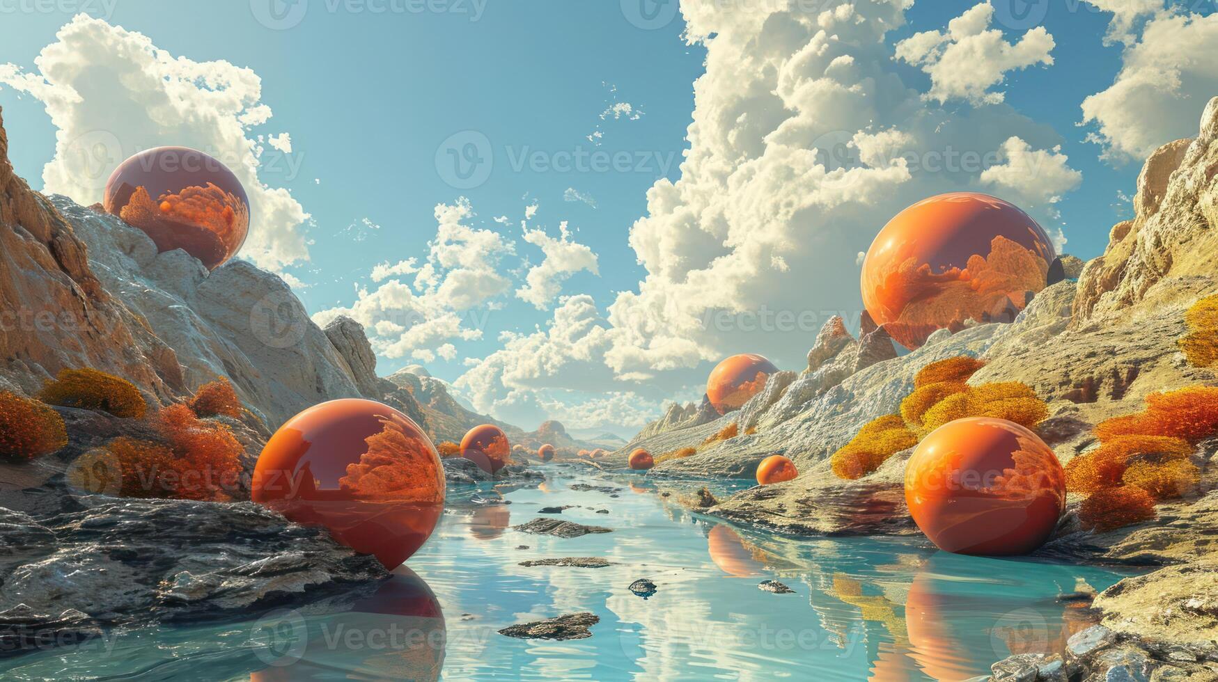 A river with orange eggs floating in it photo