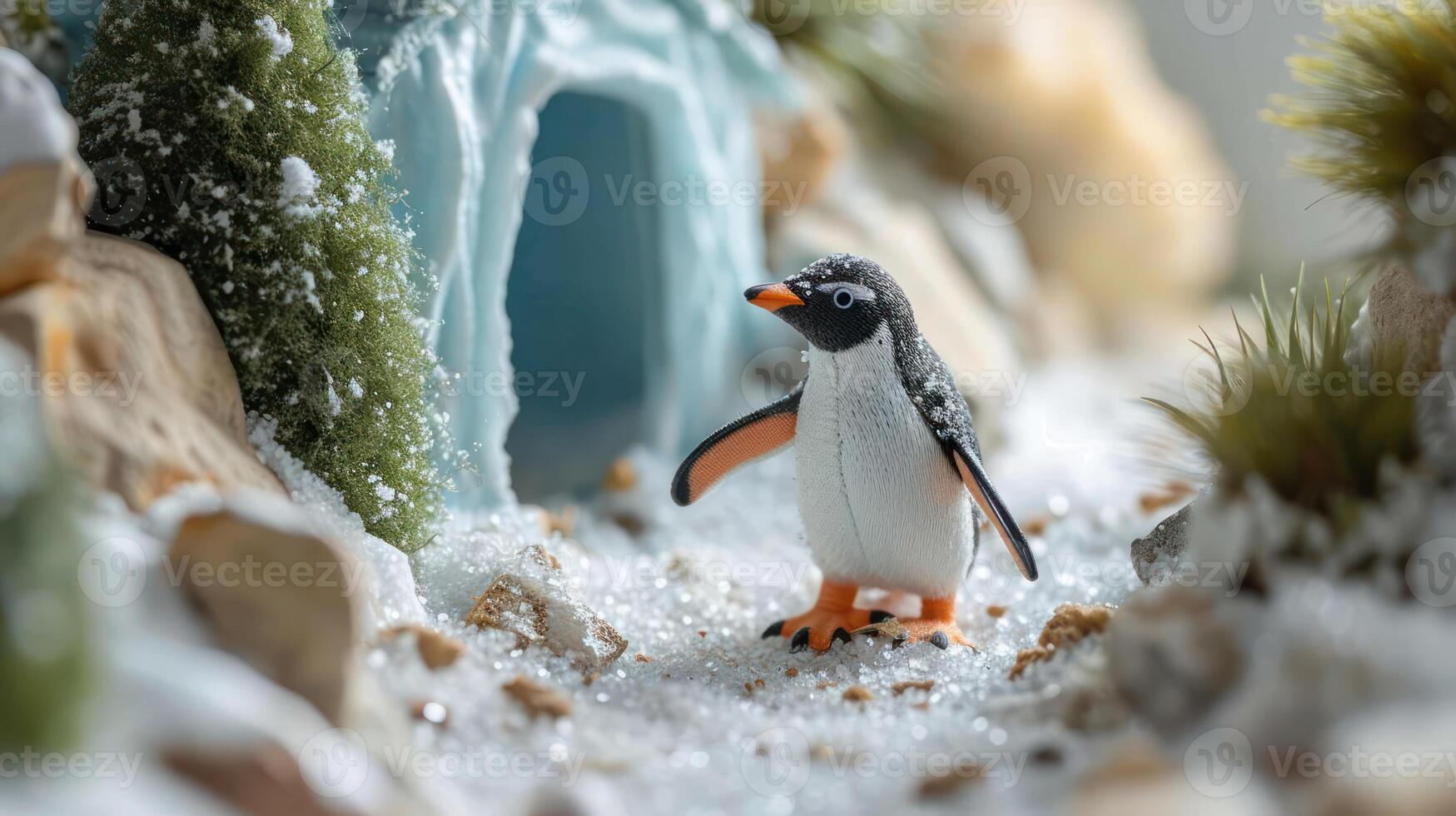 A small penguin is standing in the snow photo