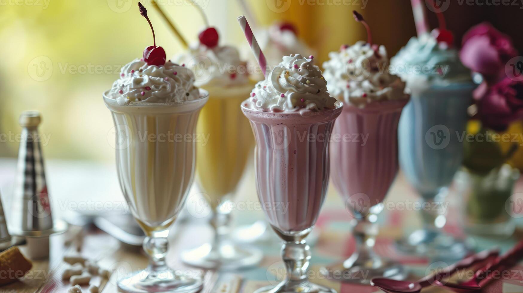 A row of colorful milkshakes sit on a table photo