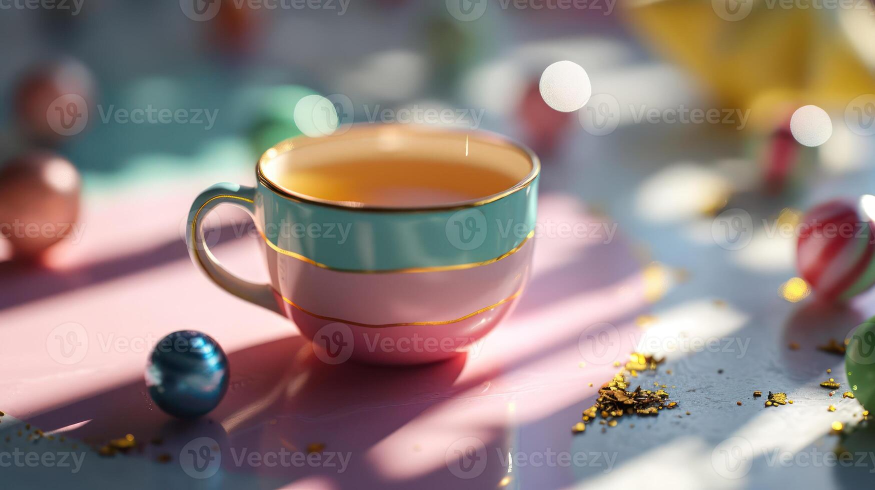 A cup of tea sits on a table surrounded by colorful eggs photo