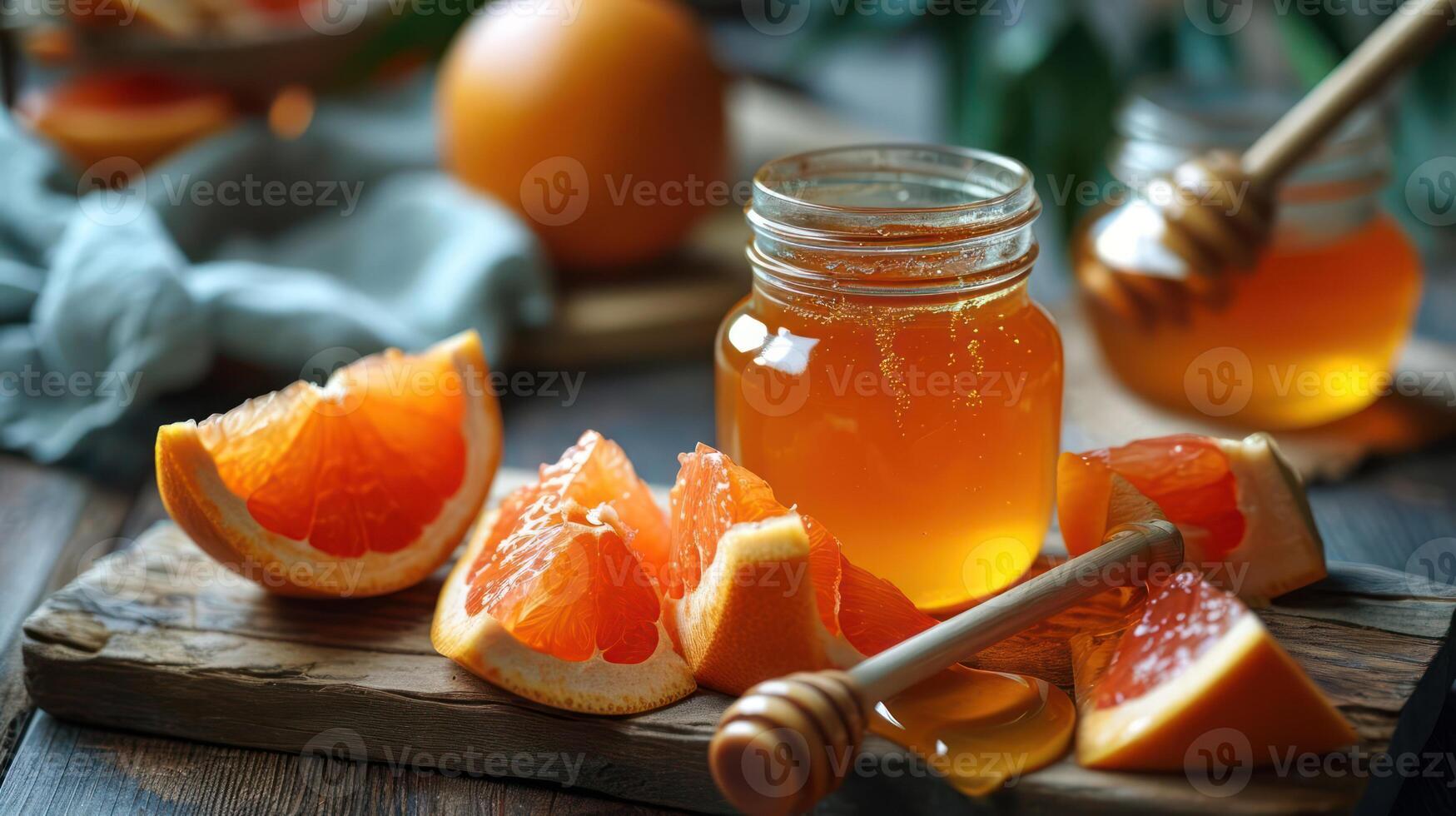 Orange juice and honey on a wooden table photo