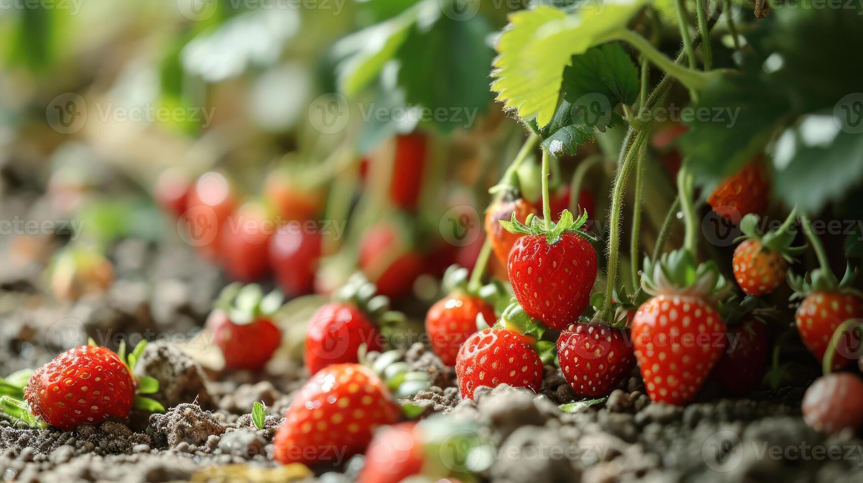 Strawberries growing in the field photo