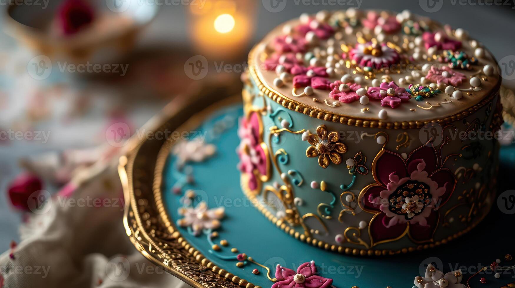 A cake with a blue and gold design on it photo