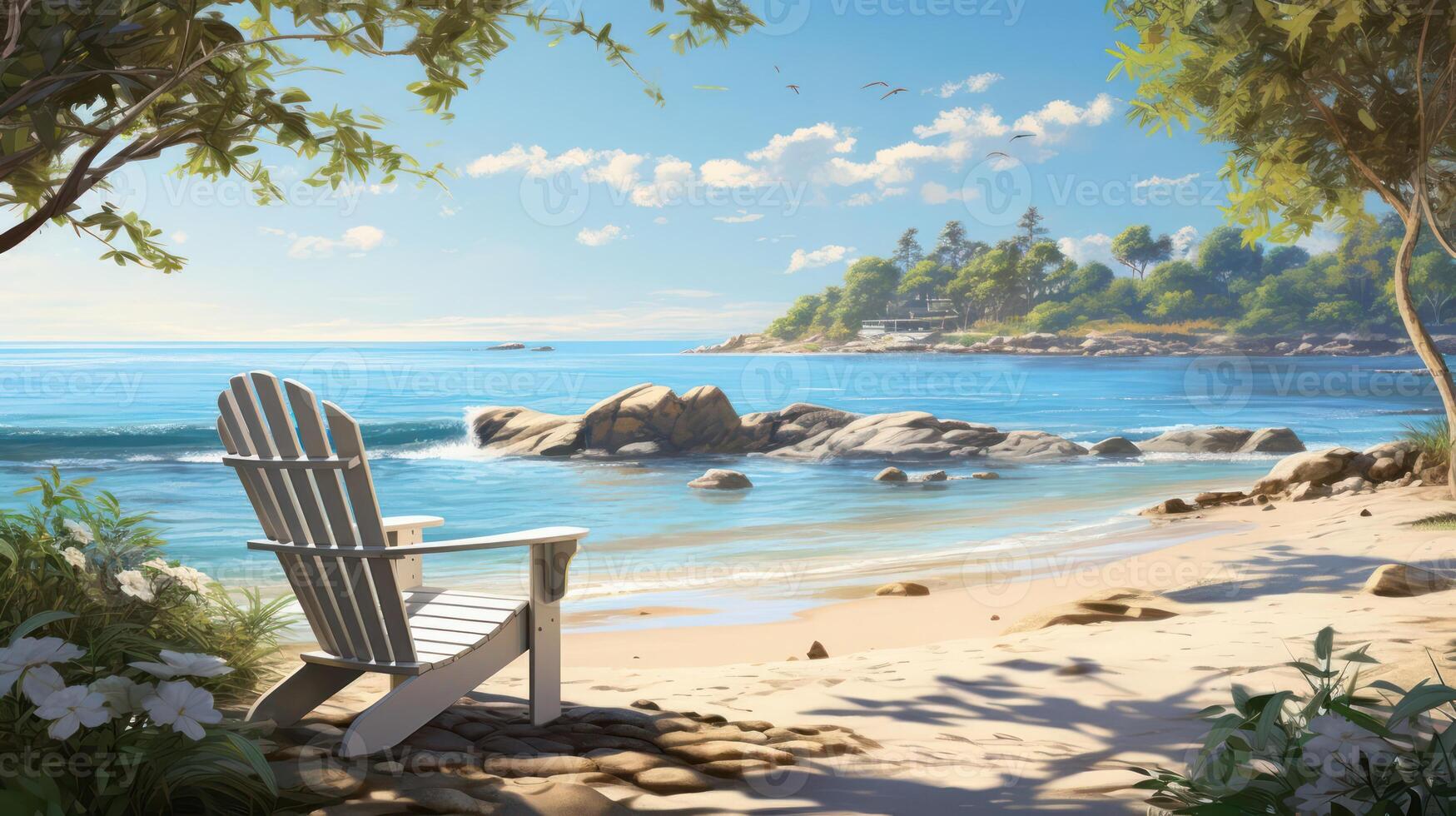 A painting of a beach with a chair and a tree photo