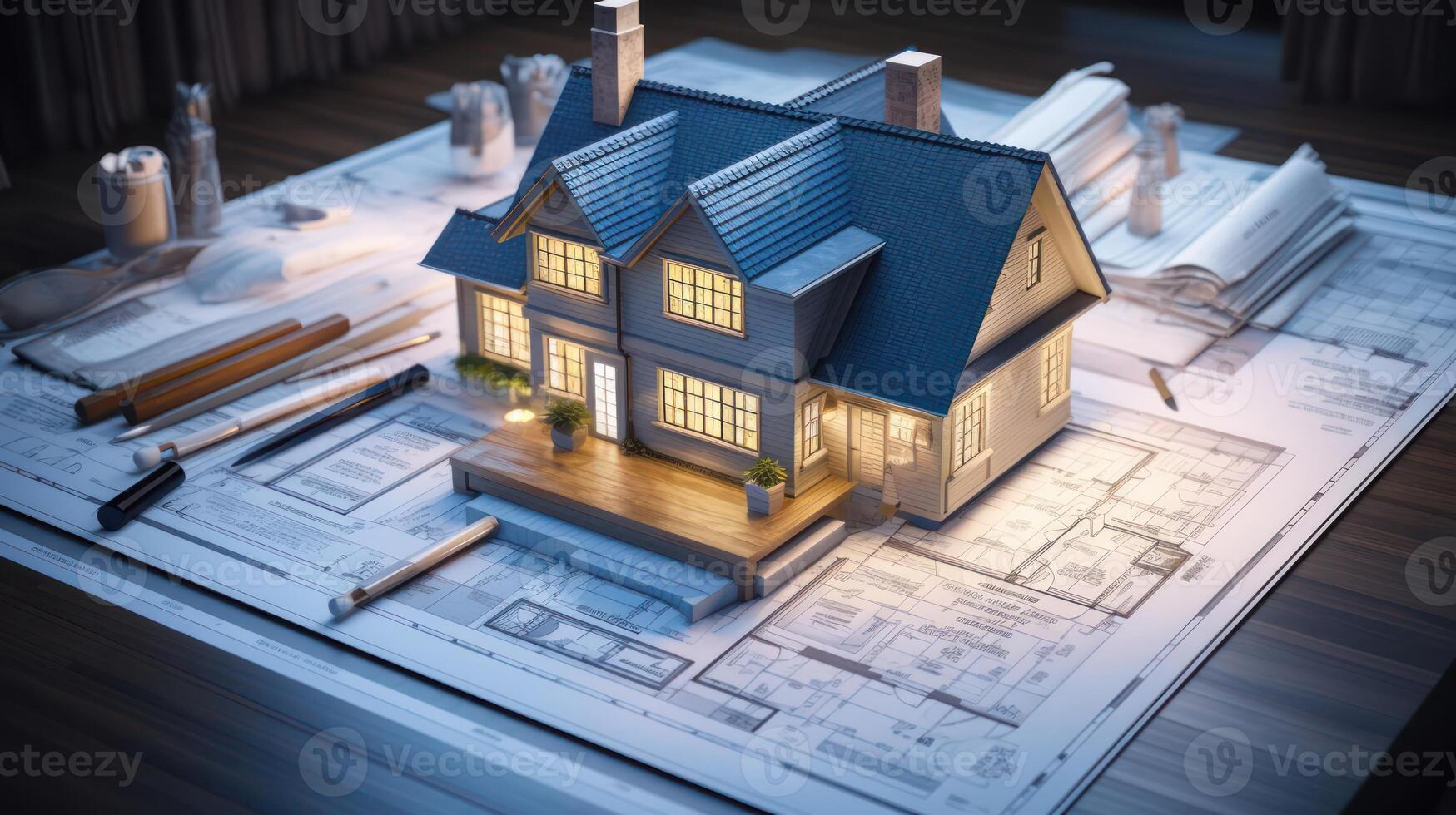 A house model sits on top of a blueprint photo