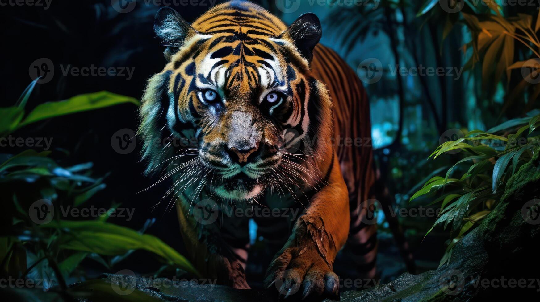 A tiger walking through the jungle at night photo