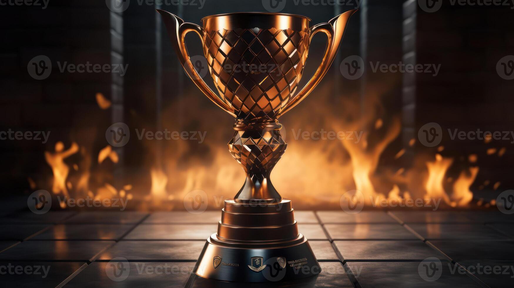 A trophy is sitting on a table in front of a fire photo