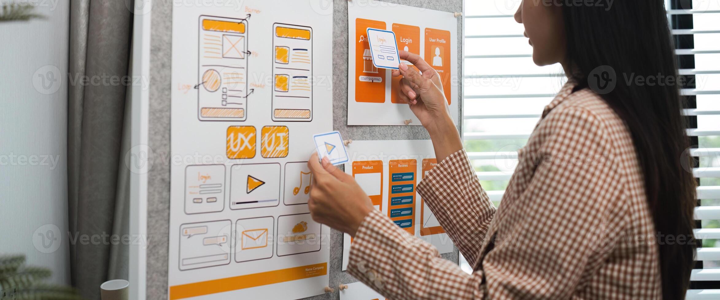 Designer Planning UX UI System with Wireframes and Prototypes on Board in Modern Office Environment photo