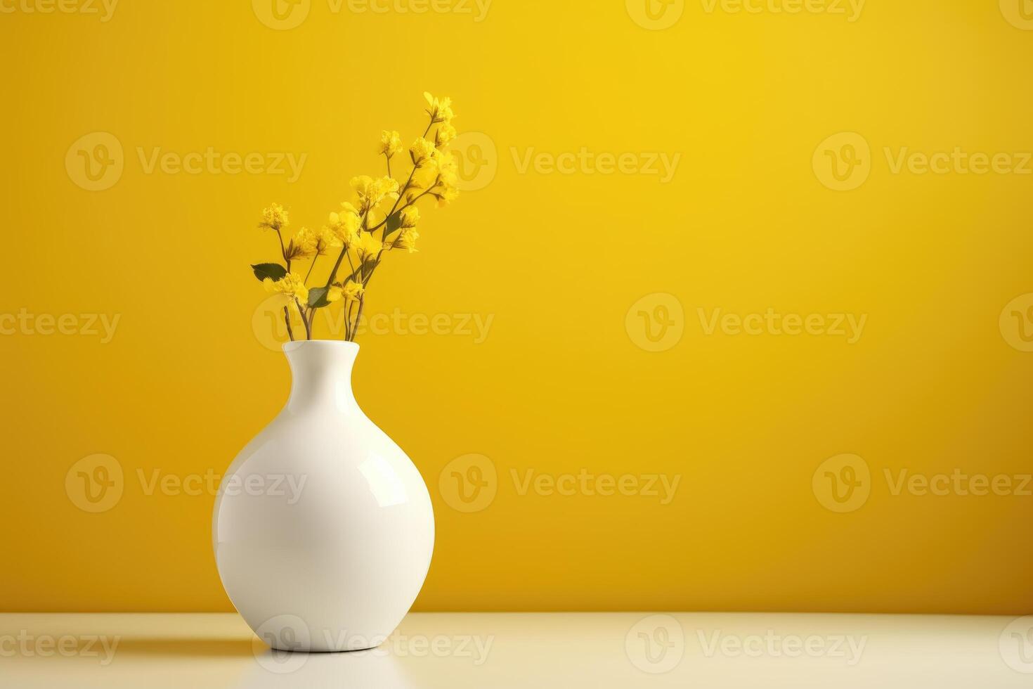 A white vase with flowers on a yellow background with a place to copy photo