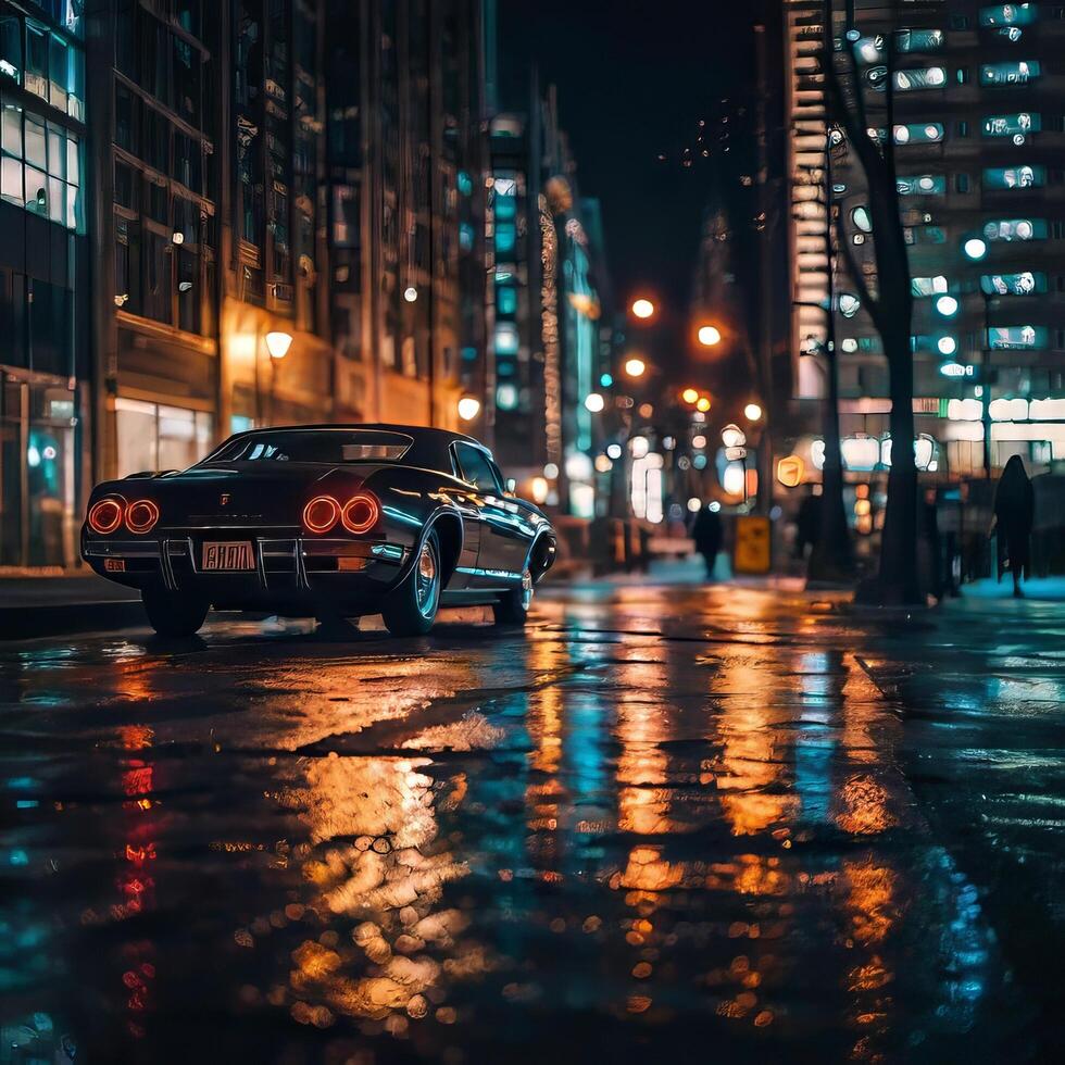 A car is parked on the street at night photo