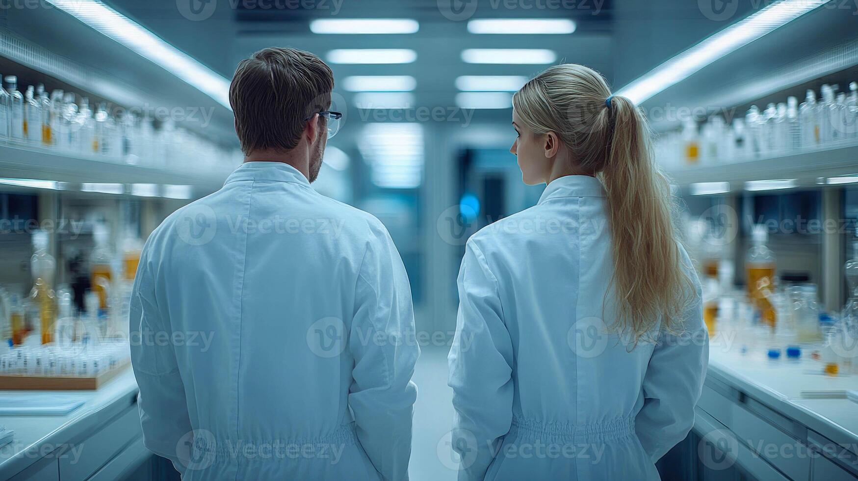 Two people in lab coats looking at something in a lab photo