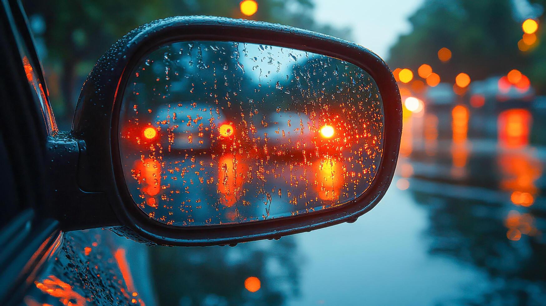 A car is reflected in the rear view mirror of a car photo