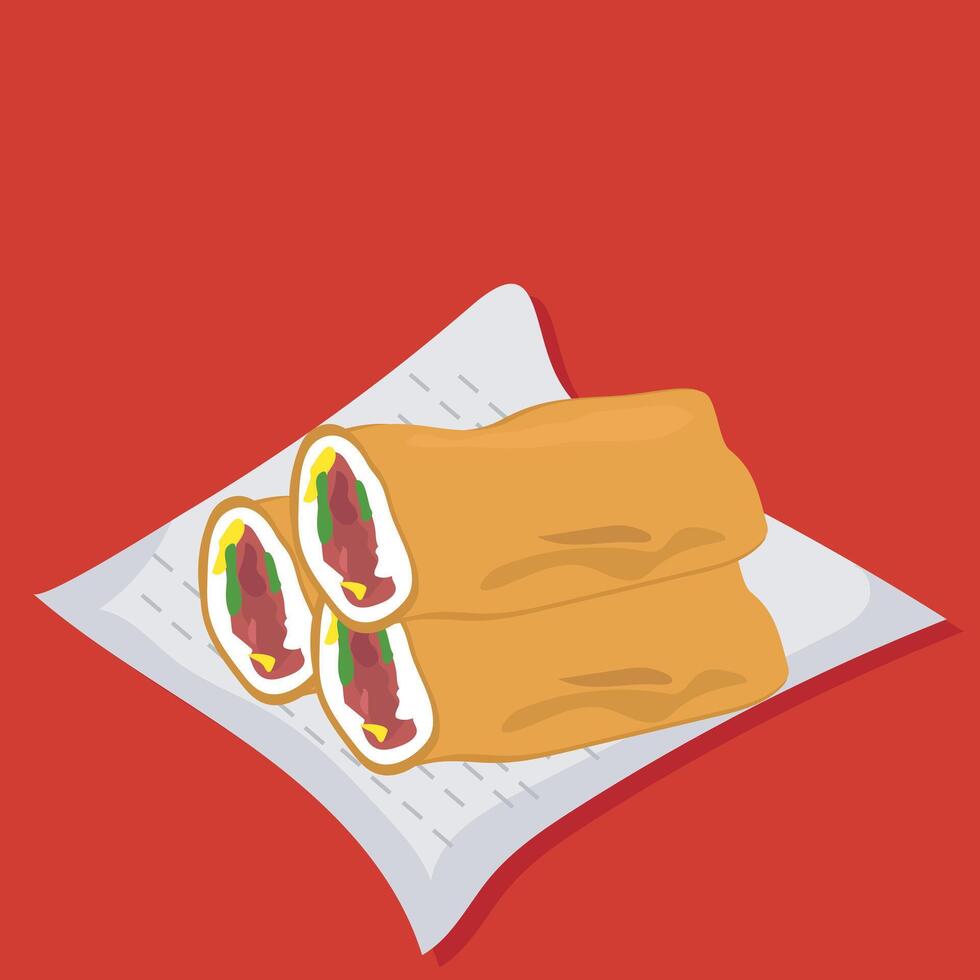 art of traditional Indonesian snack Croquette, golden brown, filled with vegetables, chicken, served with chili sauce. for food blogs, culinary sites, or promotion of Indonesian culture vector
