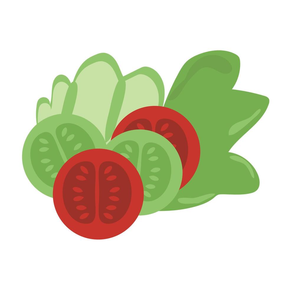 Fresh vegetable salad illustration, featuring crunchy lettuce, juicy tomatoes and cucumber slices. to complement food and decorate food vector