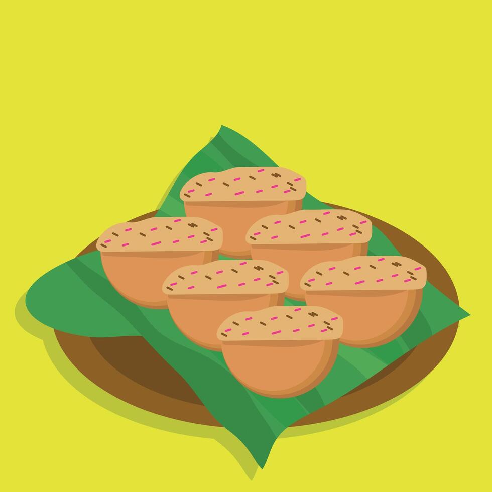 illustration of traditional Indonesian Pukis cake, beautifully arranged on a banana leaf and plate. The delicious snack has a golden brown exterior, soft texture, and chocolate and sprinkles vector
