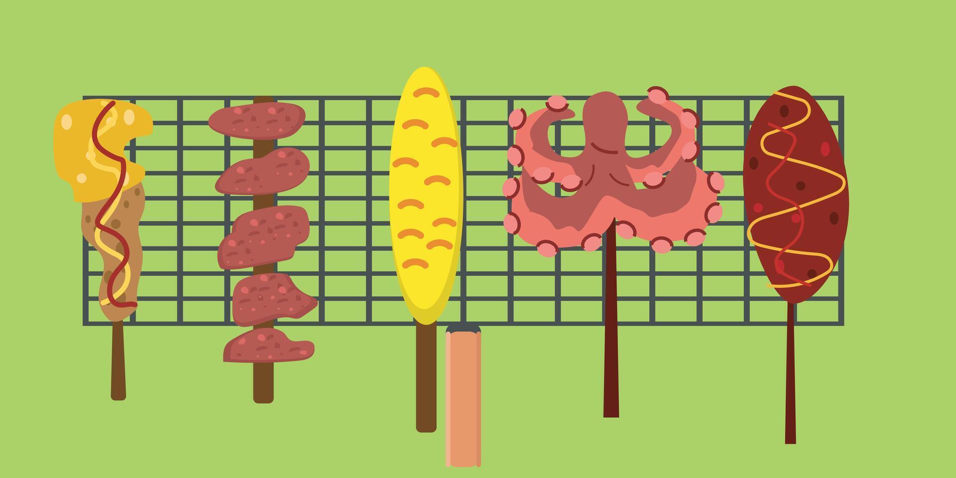 illustration of grilled seafood over an open fire, featuring a golden brown texture and smoky flavor. Shrimp, fish and squid are skewered with iron or wooden sticks and served with delicious sp vector