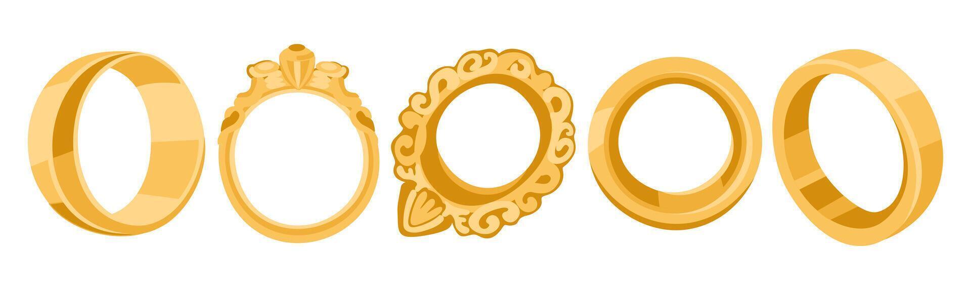 set of golden rings isolated on white background vector