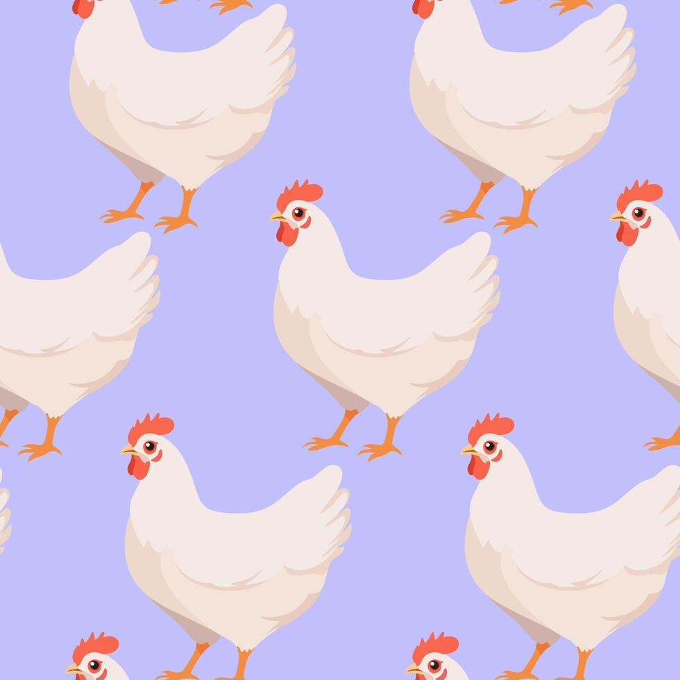 seamless pattern with white hens on light lilac background vector