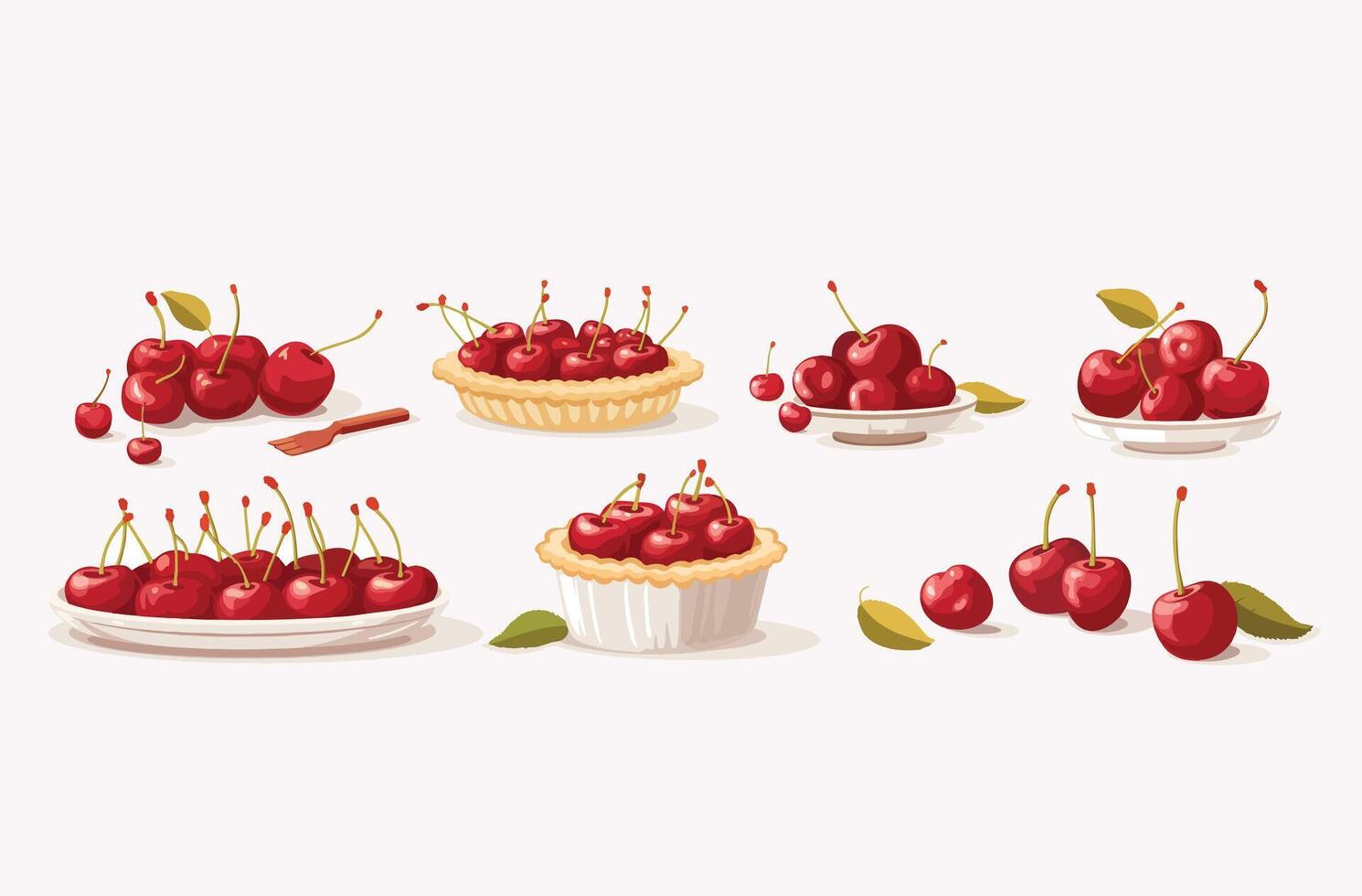 cherries and cherry pies arranged in various compositions. vector