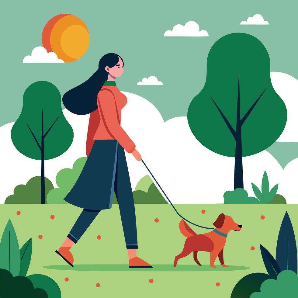 attractive woman walking with her dog in park vector