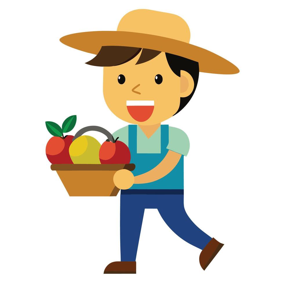 smiling young farmer carrying fruit basket vector