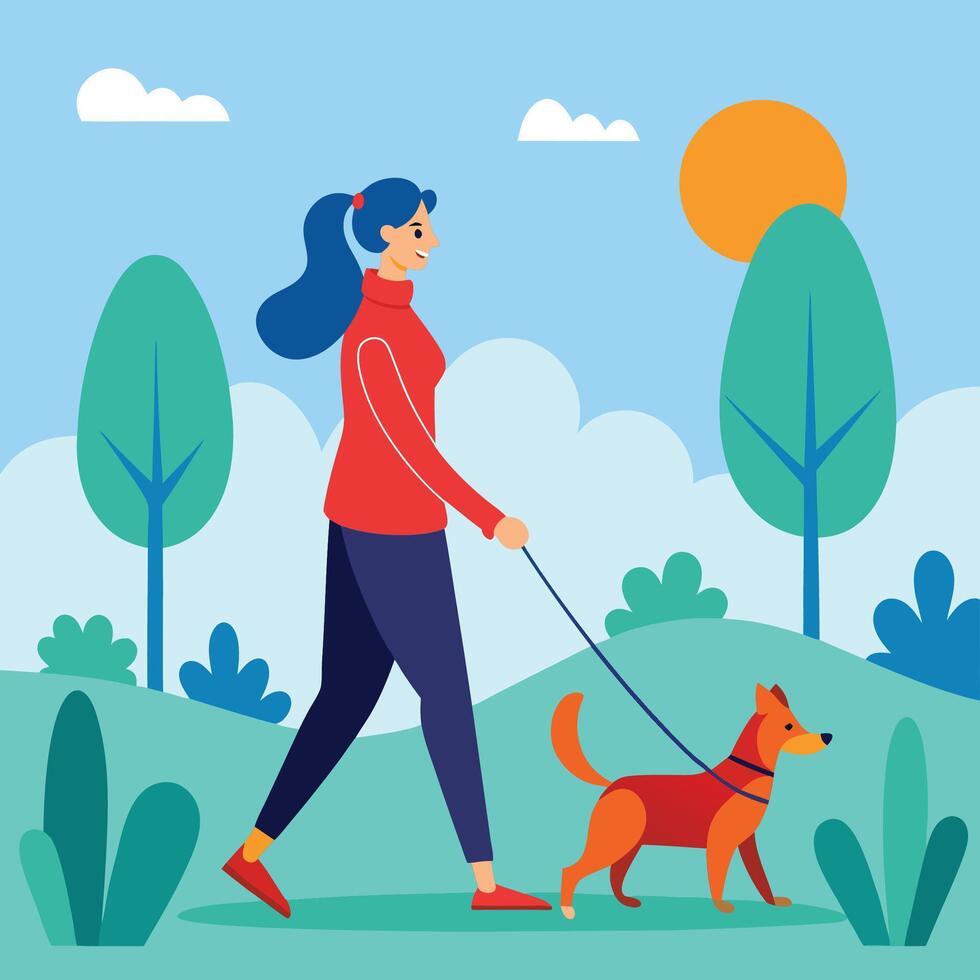 cute woman walking with her dog in park vector