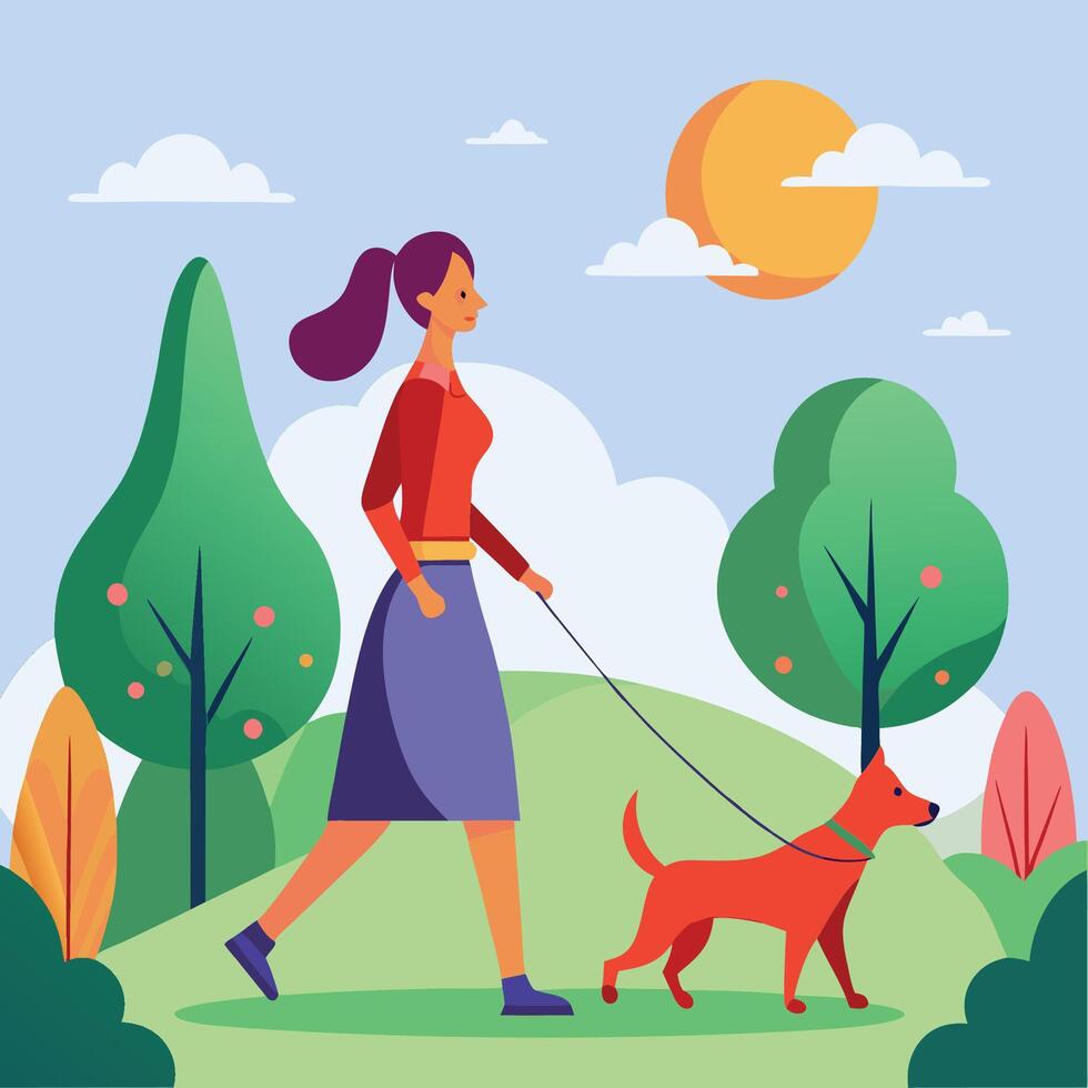 woman walking with her dog in park vector