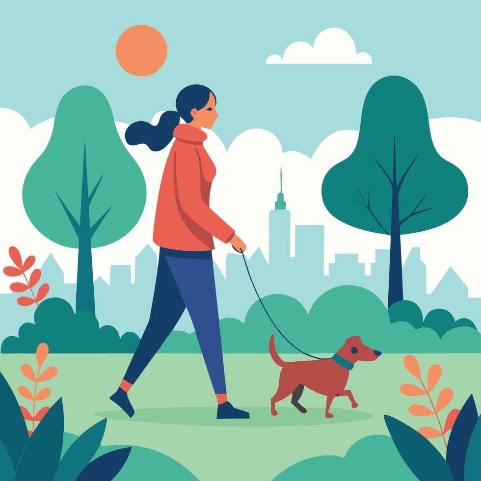 beautiful woman walking with her dog in park vector