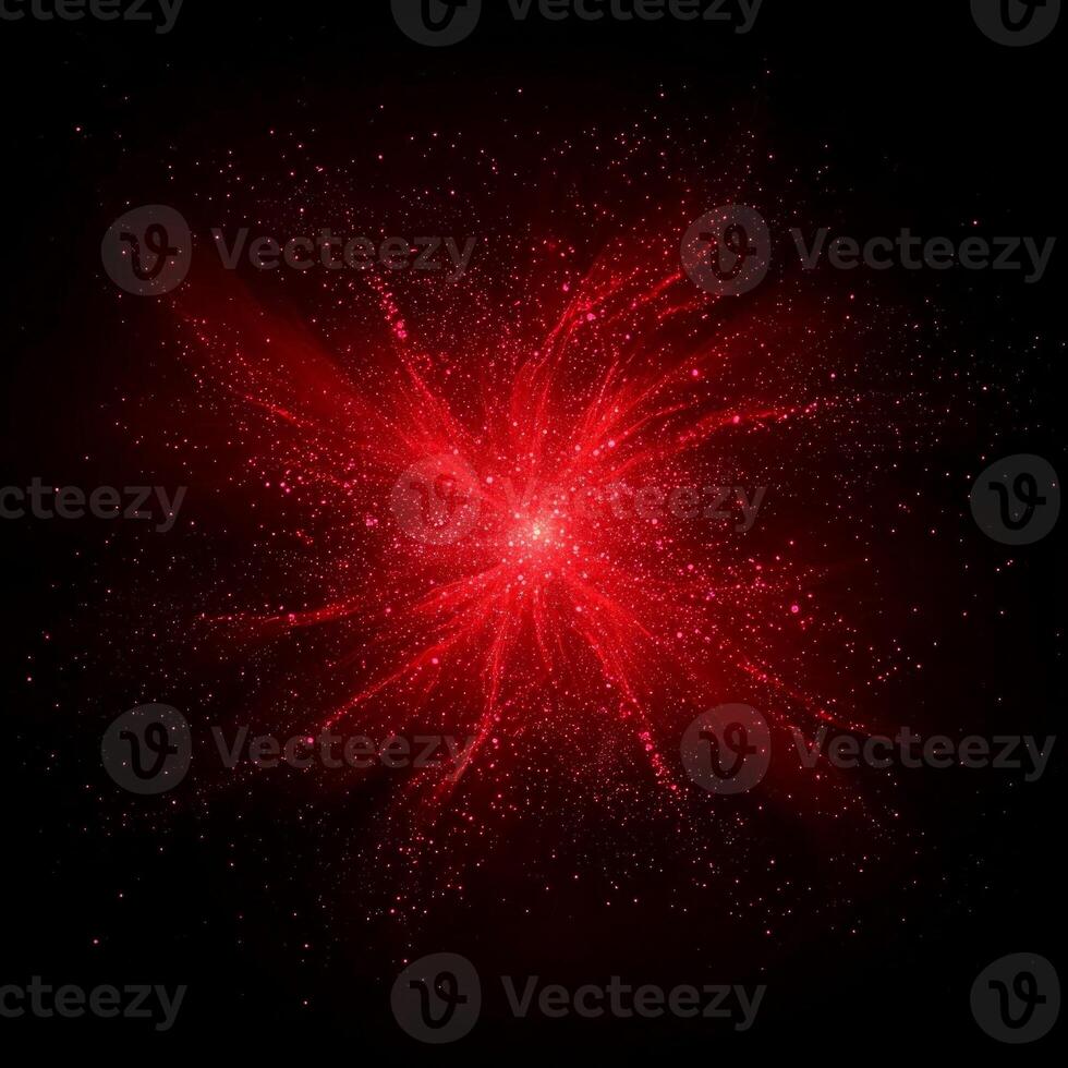mesmerizing display of energy unfolds as vibrant red particles explode outward from a brilliant core. The chaotic dance of glowing dust creates a breathtaking spectacle of motion and light. photo