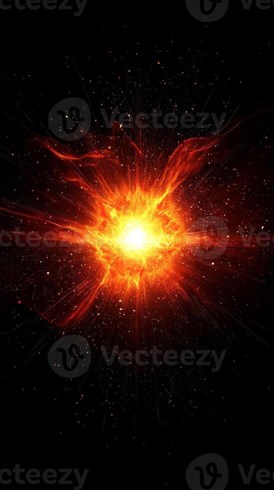 intense red explosion bursts forth from a bright center, particles glowing and spreading out against the black void, creating a dazzling display of energy and light. photo