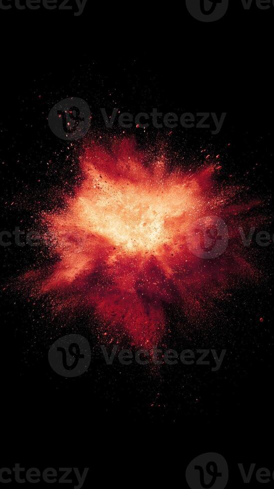 stunning eruption of fiery red particles bursts forth from a bright core, illuminating the surrounding darkness as heat and energy radiate outward, creating a mesmerizing spectacle. photo