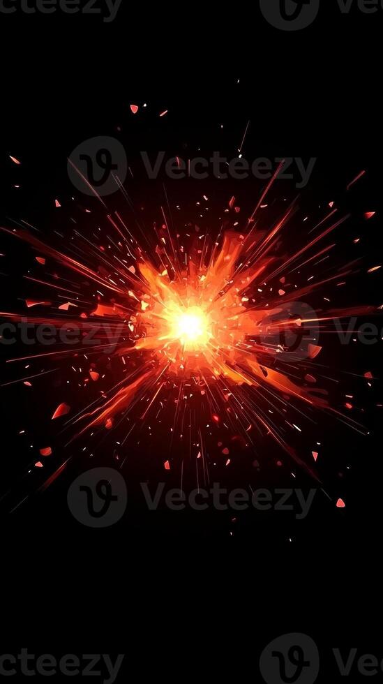 vibrant burst of fiery red particles explodes outward, with a luminous core illuminating the darkness, generating an enchanting display of radiant heat. photo