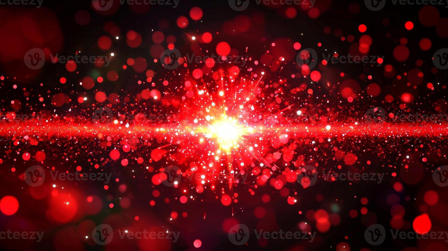 vibrant explosion of red particles bursts forth, radiating outward in a high-energy display against a black background, illuminating the darkness with dynamic glowing flecks. photo