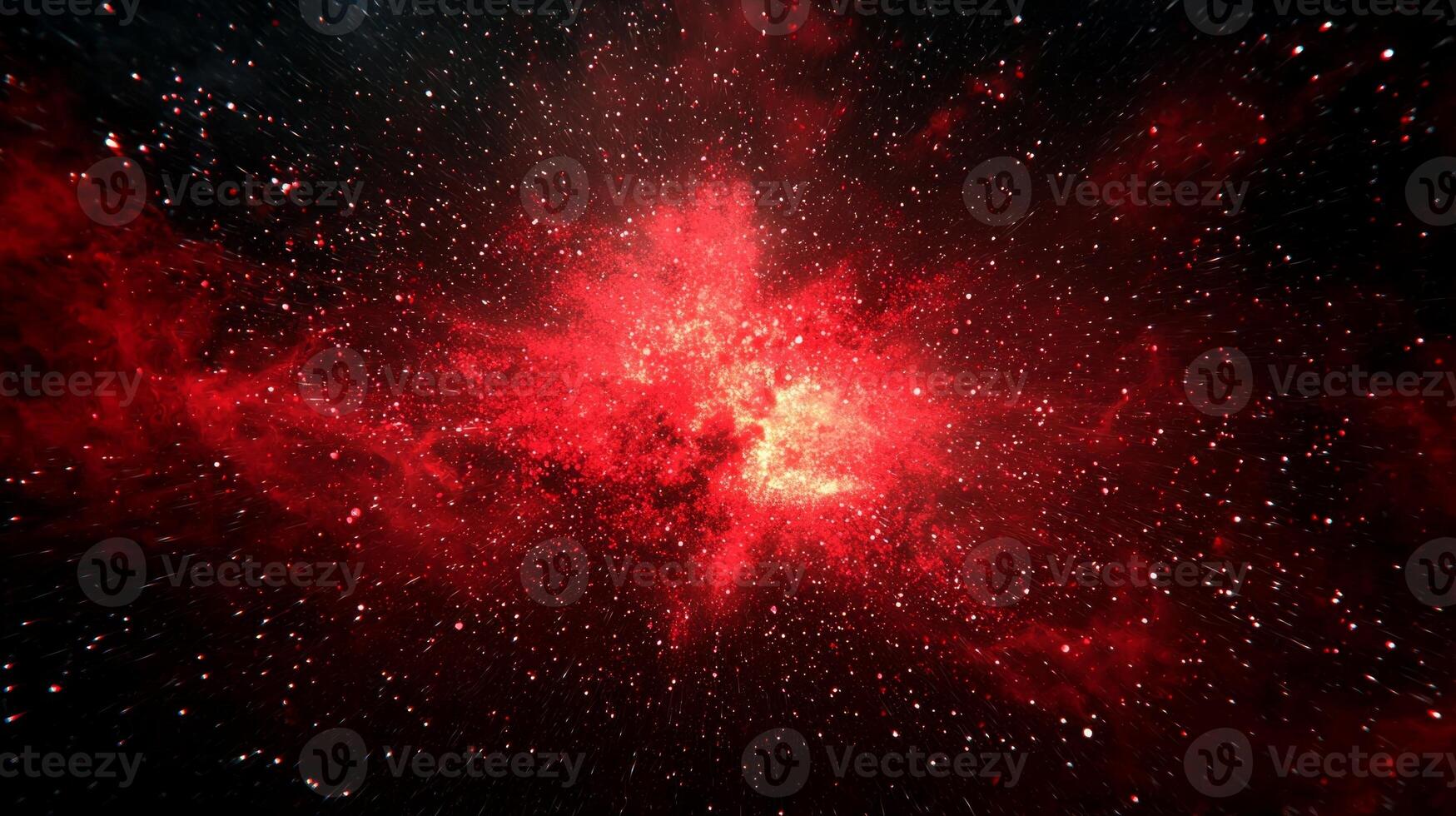 electrifying burst of red particles spreads dynamically across a deep black void, creating a captivating display of cosmic energy and brilliance, suggesting an otherworldly phenomenon. photo