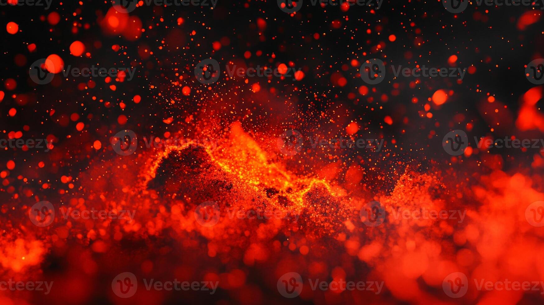 powerful cosmic display unfolds as radiant red particles burst forth, dispersing into the black background. This high-energy explosion captivates with its fiery glow and dynamic movement. photo