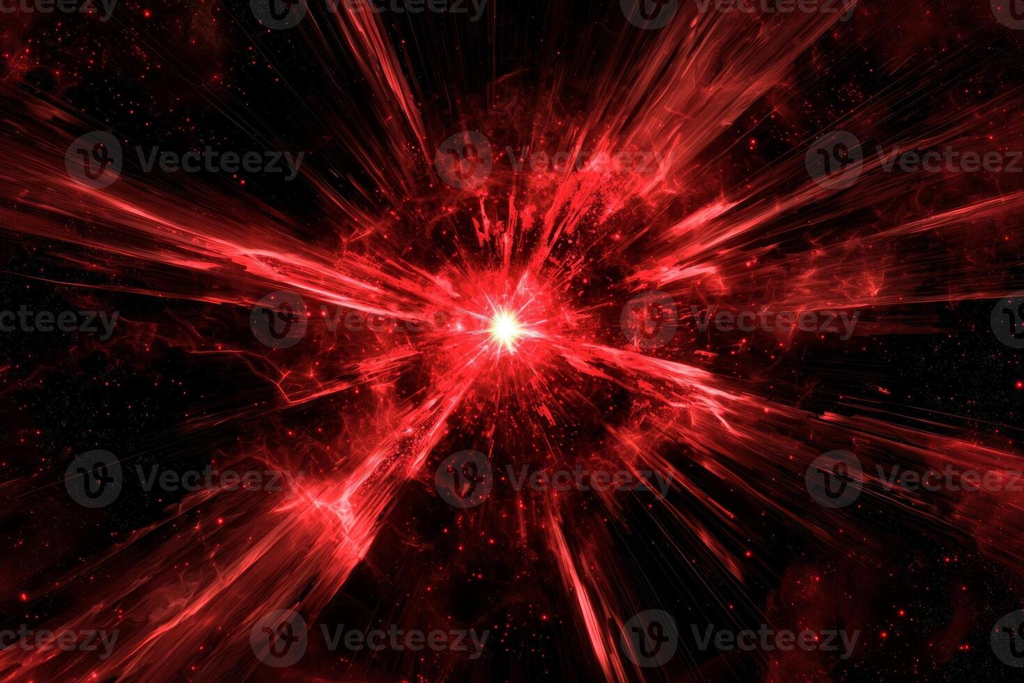powerful burst of red particles erupts from the center of a black expanse, casting bright trails and scattering glowing dust across the cosmic darkness, revealing the beauty of an explosive force. photo