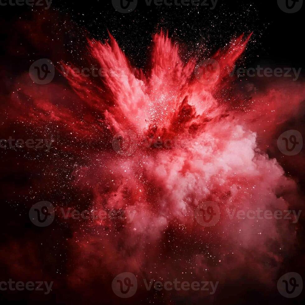 vibrant explosion bursts forth, unleashing radiant red particles that scatter wildly in every direction, creating a mesmerizing spectacle of glowing dust and energy. photo