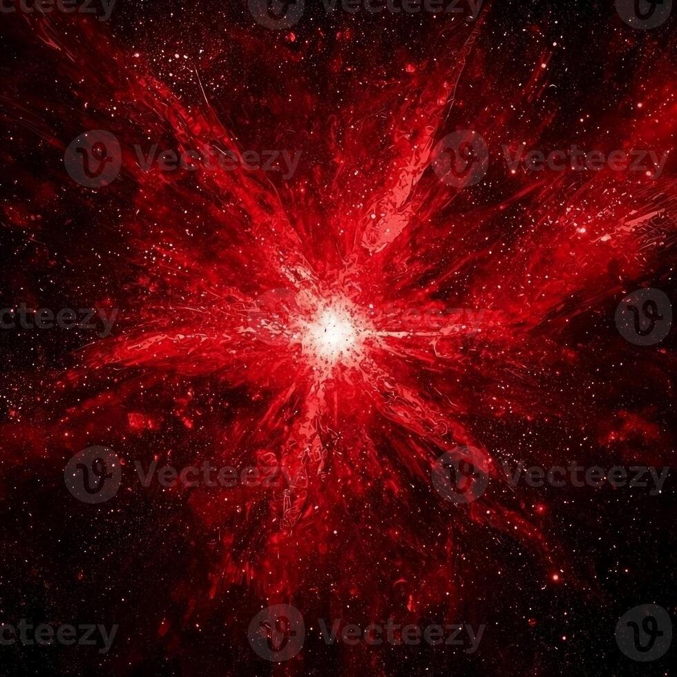 powerful burst of red particles erupts from a glowing center, sending brilliant dust spiraling outward in all directions against a deep black background, creating a mesmerizing cosmic display. photo