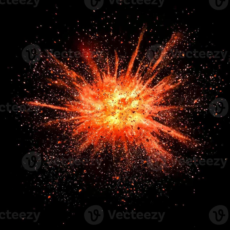 dynamic burst of red particles radiates outward, creating an explosive display of glowing dust and energy. The vivid core illuminates the surrounding darkness, showcasing raw power. photo